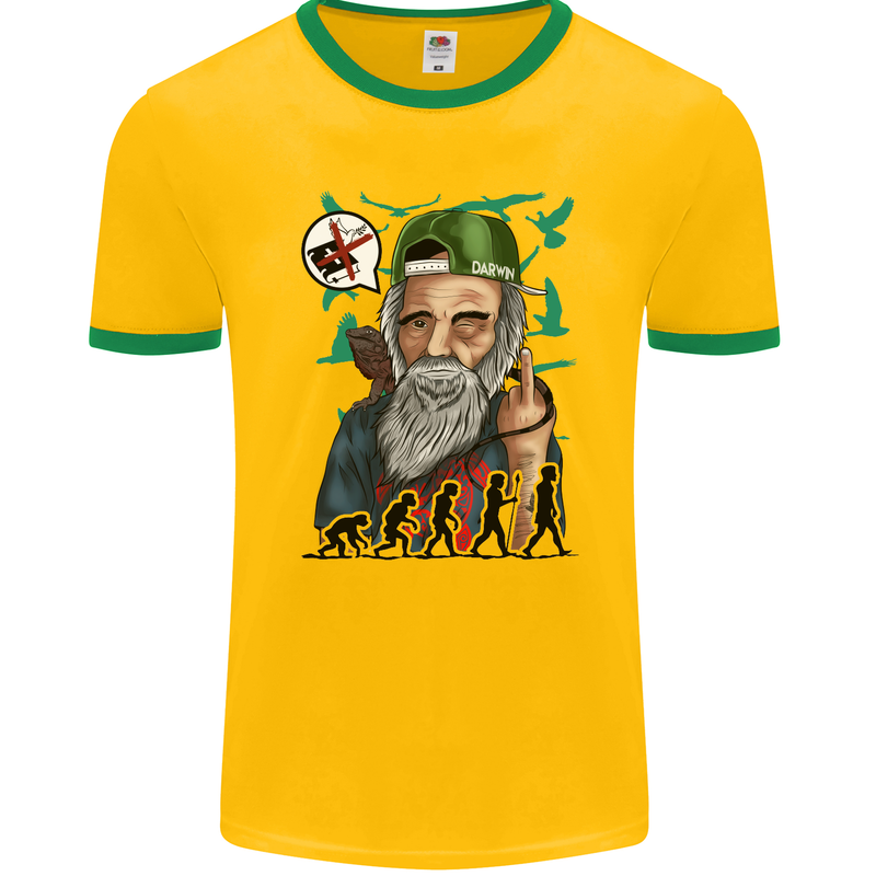 Charles Darwin Evolution Atheist Atheism Mens Ringer T-Shirt FotL Gold/Green