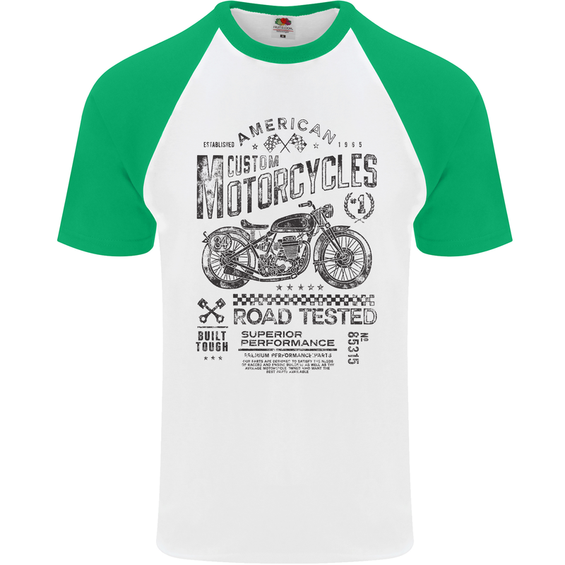 American Custom Motorbike Biker Motorcycle Mens S/S Baseball T-Shirt White/Green