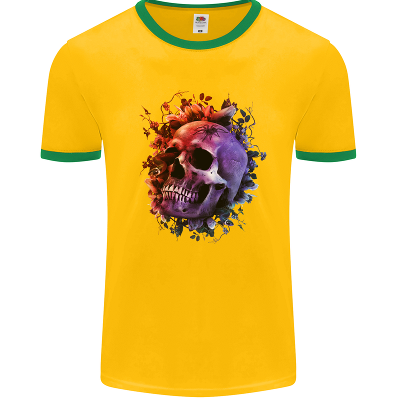 Skull With Spider Flowers and Spider Mens White Ringer T-Shirt Gold/Green