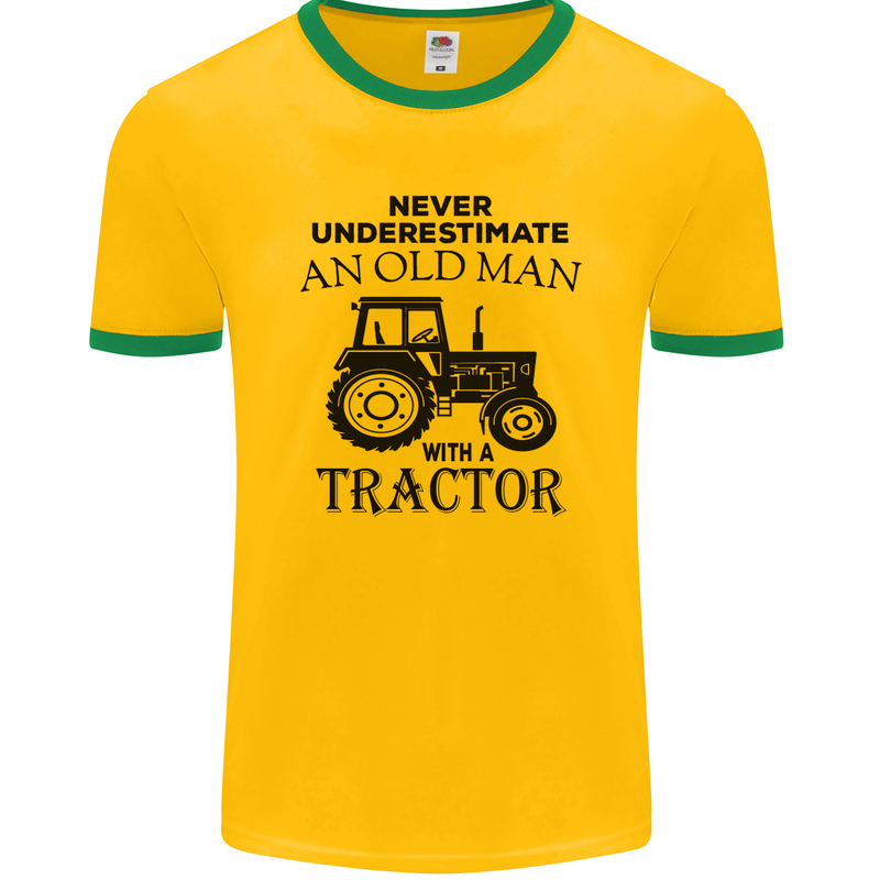 Old Man With a Tractor Driver Farmer Farm Mens Ringer T-Shirt FotL Gold/Green
