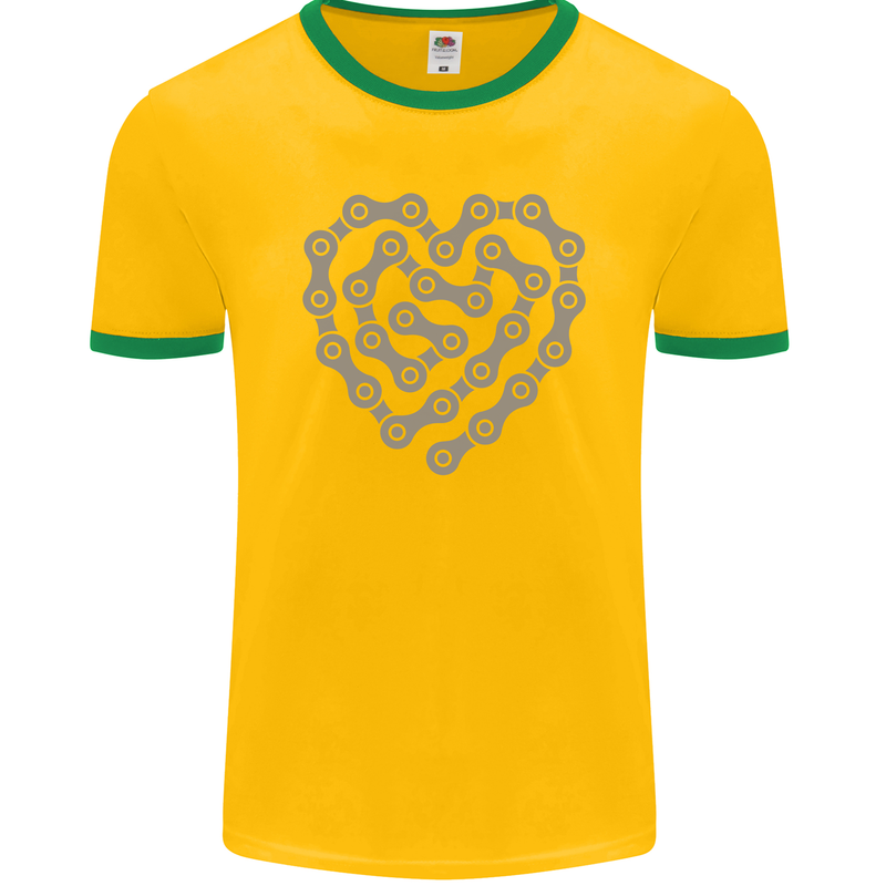 Bike Heart Chain Cycling Biker Motorcycle Mens Ringer T-Shirt FotL Gold/Green