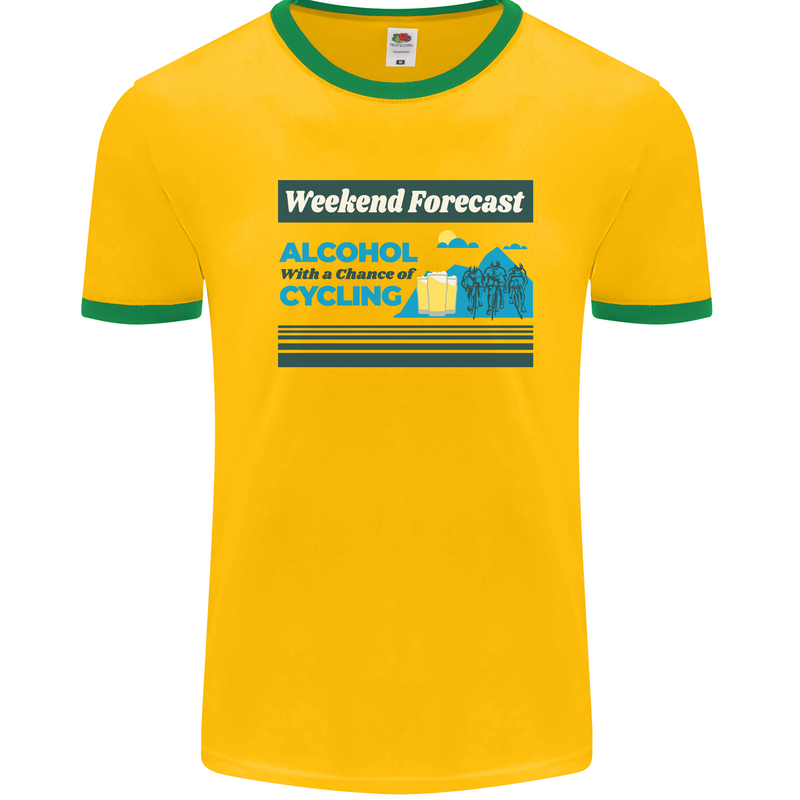 Cycling Weekend Forecast Funny Beer Alcohol Mens White Ringer T-Shirt Gold/Green