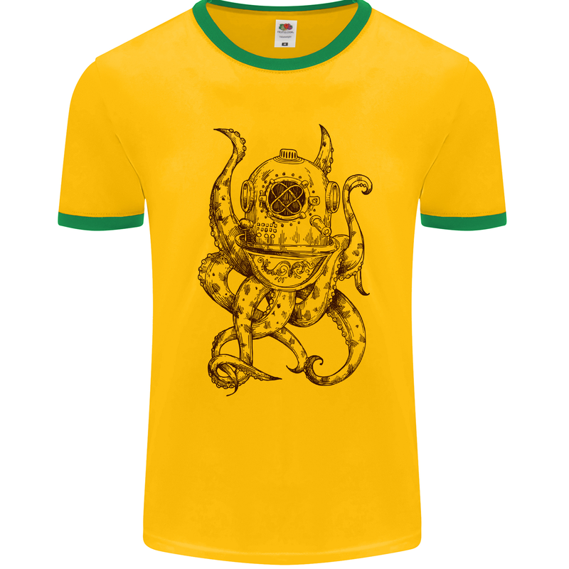 Steampunk Octopus Kraken Cthulhu Mens Ringer T-Shirt FotL Gold/Green