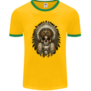 Native American Indian Skull Headdress Mens White Ringer T-Shirt Gold/Green