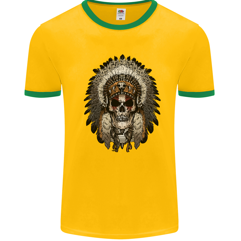 Native American Indian Skull Headdress Mens White Ringer T-Shirt Gold/Green