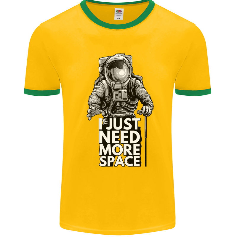 I Just Need More Space Funny Astonaut Mens White Ringer T-Shirt Gold/Green