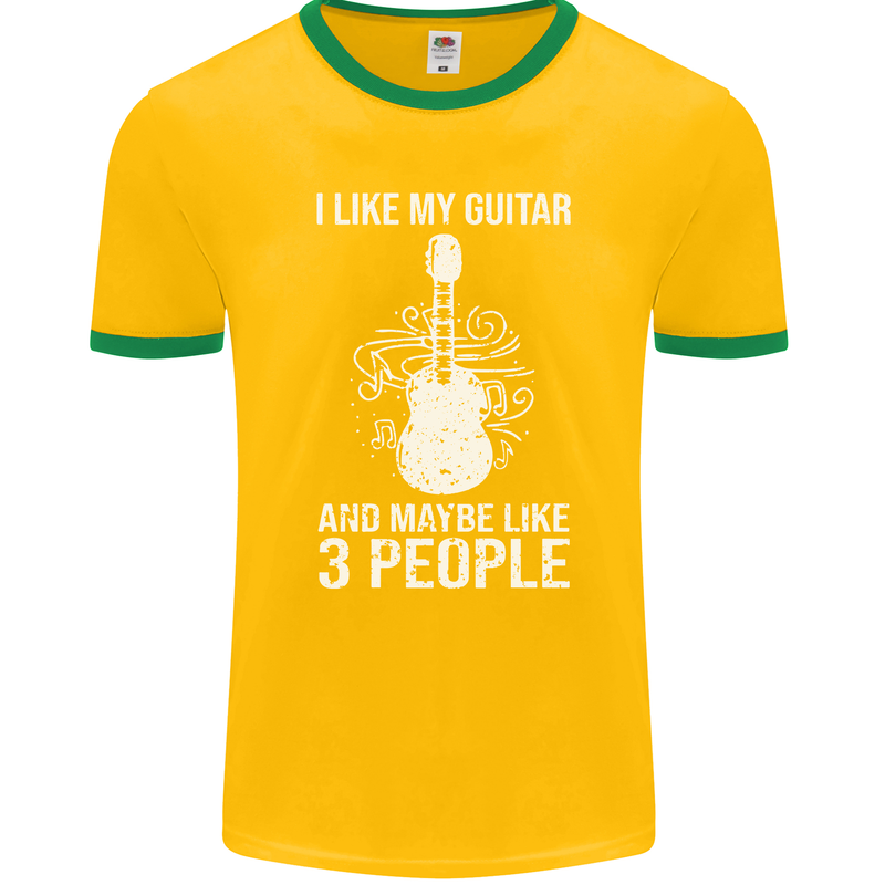 I Like My Guitar and 3 People Rock n Roll Mens Ringer T-Shirt FotL Gold/Green