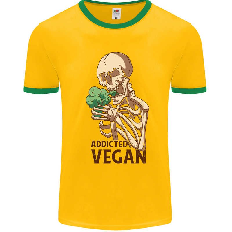 Addicted Vegan Skeleton Eating Vegetables Mens White Ringer T-Shirt Gold/Green