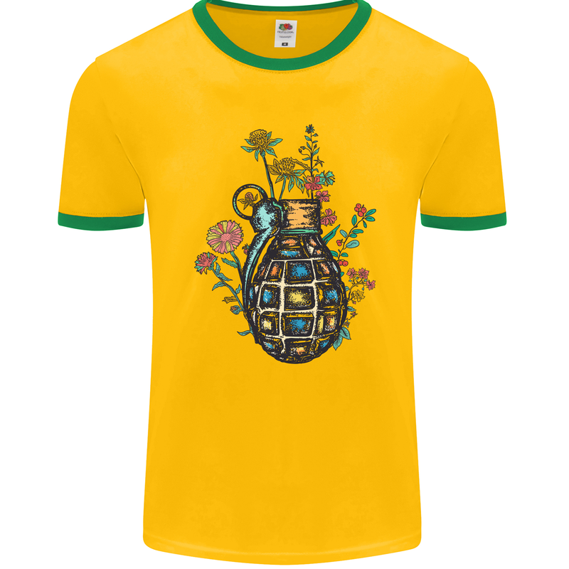 Peace Grenade Anti-War Pacifist World Hippy Mens Ringer T-Shirt FotL Gold/Green