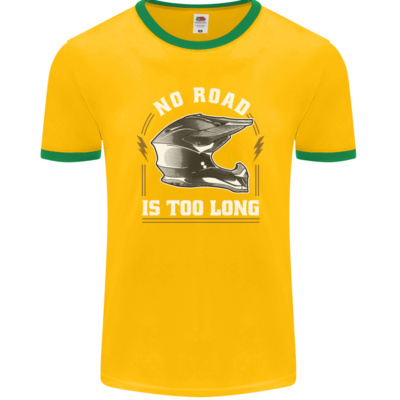 No Road Too Long Motocross MotoX Dirt Bike Mens Ringer T-Shirt FotL Gold/Green