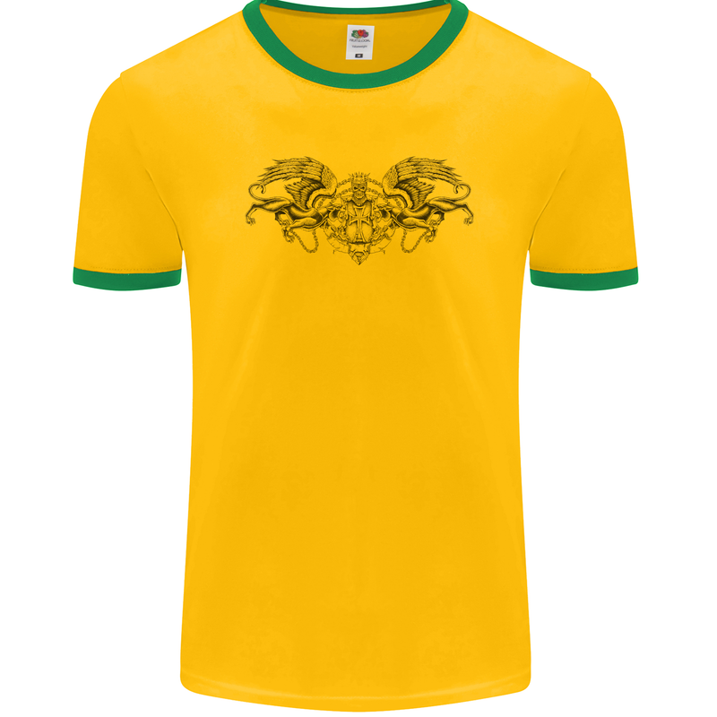 St Georges Day Roman Skull Wings Panther Mens Ringer T-Shirt FotL Gold/Green