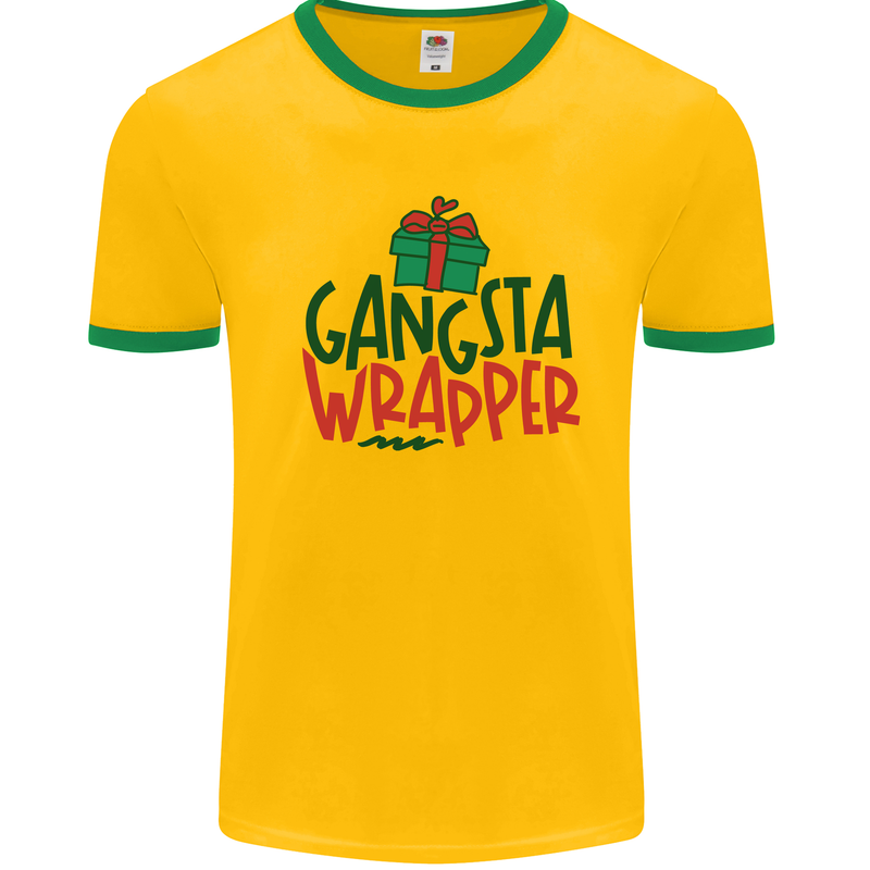 Gangsta Wrapper Funny Christmas Present Mens White Ringer T-Shirt Gold/Green