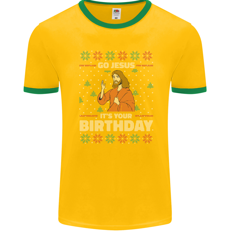 Go Jesus It's Your Birthday Funny Christmas Mens Ringer T-Shirt FotL Gold/Green