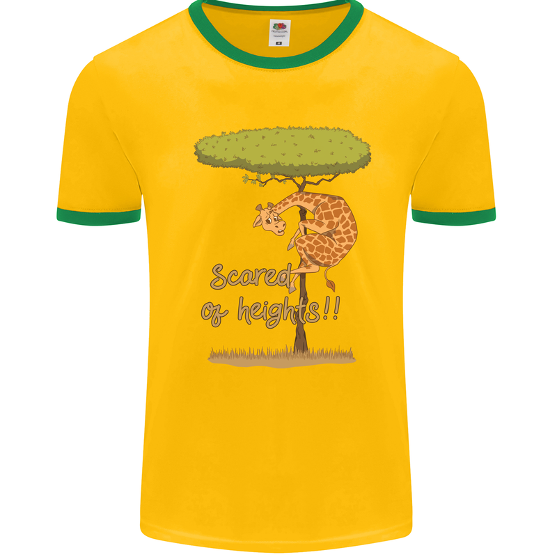 Scared of Heights Funny Giraffe Acrophobia Mens Ringer T-Shirt Gold/Green