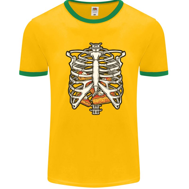 Pie Inside a Skeleton Torso Funny Food Mens White Ringer T-Shirt Gold/Green