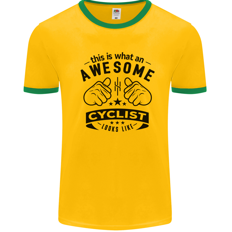 Awesome Cyclist Looks Like This Cycling Mens White Ringer T-Shirt Gold/Green