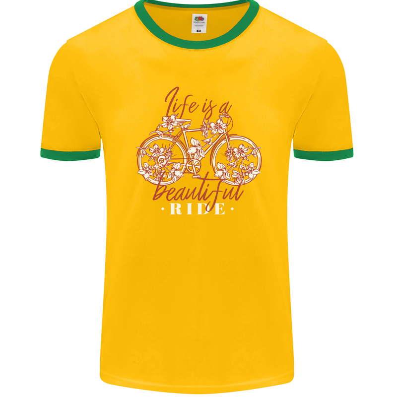 Life is a Beautiful Ride Cycling Bicycle Mens Ringer T-Shirt FotL Gold/Green