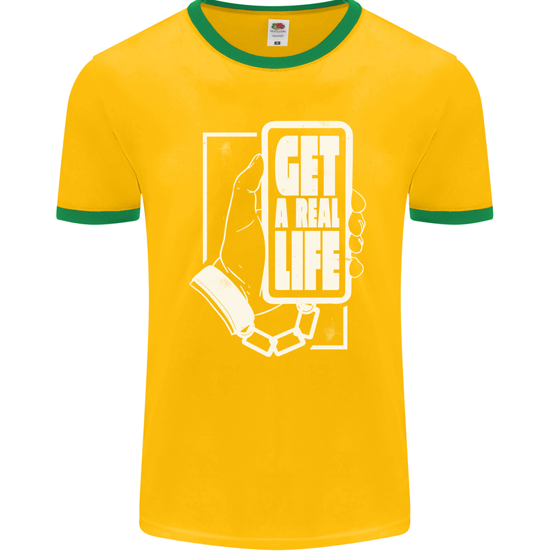 Get a Real Life Antisocial Phone Addict Mens Ringer T-Shirt FotL Gold/Green