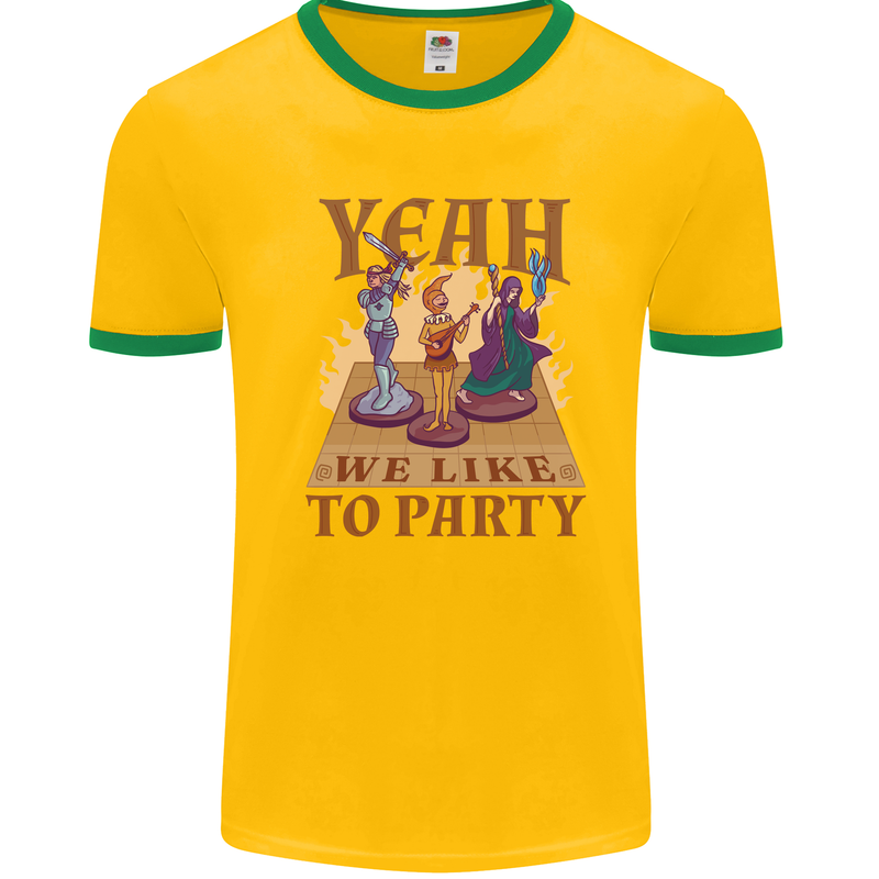 RPG Yeah We Like to Party Role Playing Game Mens White Ringer T-Shirt Gold/Green