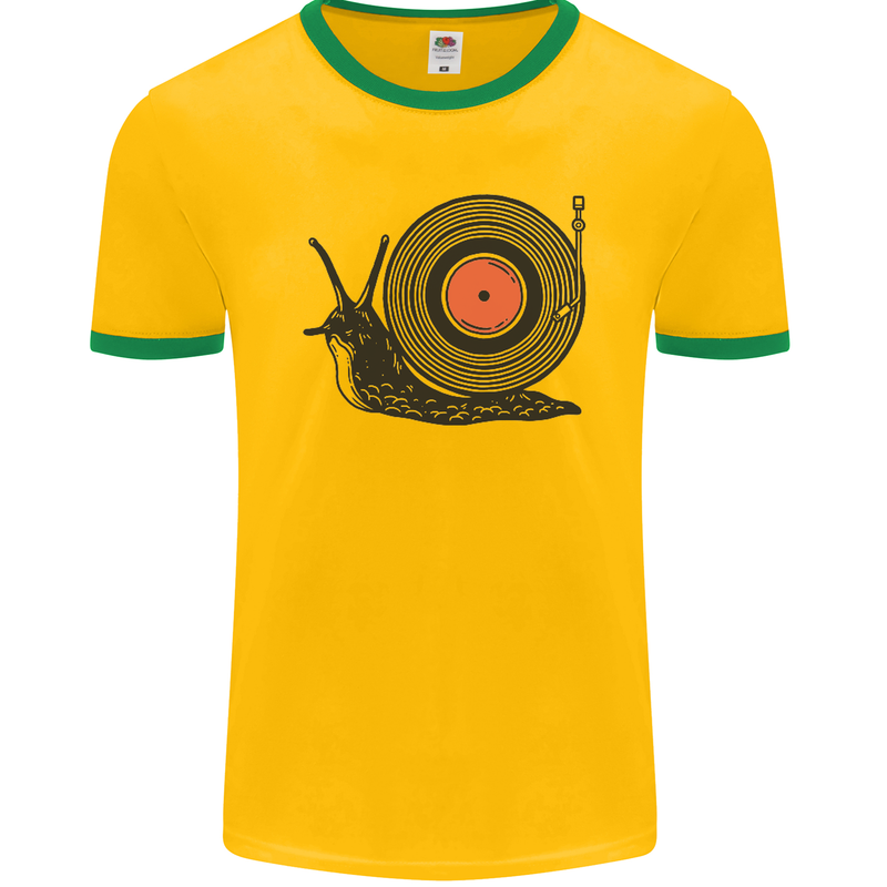 Slug Decks with Vinyl LP DJ DJing Turntable Mens Ringer T-Shirt FotL Gold/Green