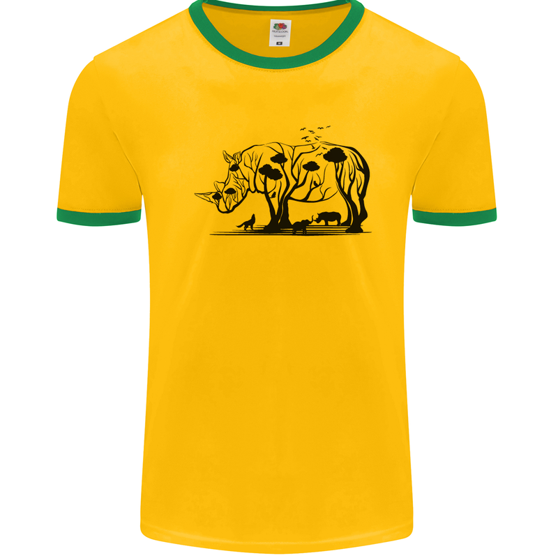 Rhino Ecology Rhinoceroses Mens White Ringer T-Shirt Gold/Green