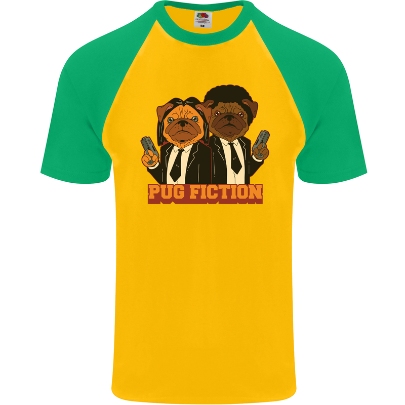Dogs Pug Fiction Funny Movie Parody Mens S/S Baseball T-Shirt Gold/Green