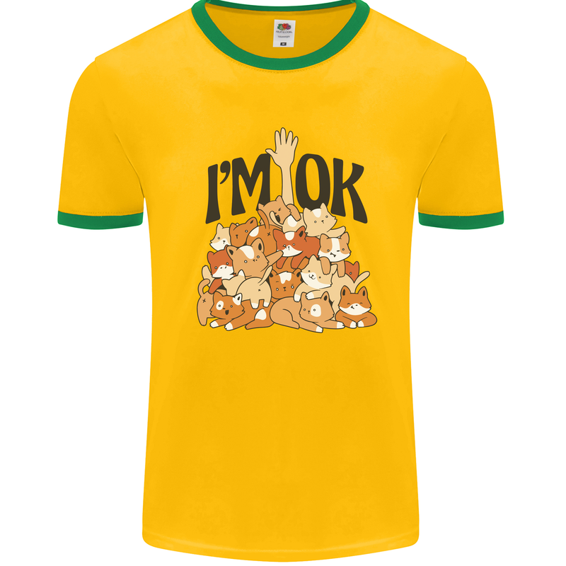 I'm OK Funny Cat Mum Dad Crazy Lady Kitten Mens White Ringer T-Shirt Gold/Green
