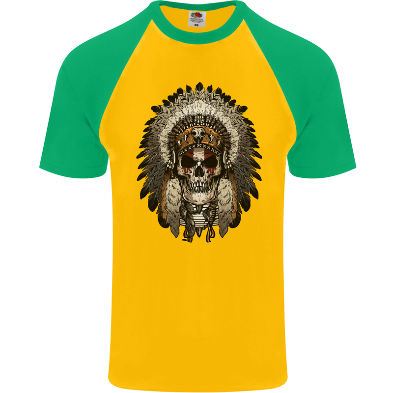 Native American Indian Skull Headdress Mens S/S Baseball T-Shirt Gold/Green
