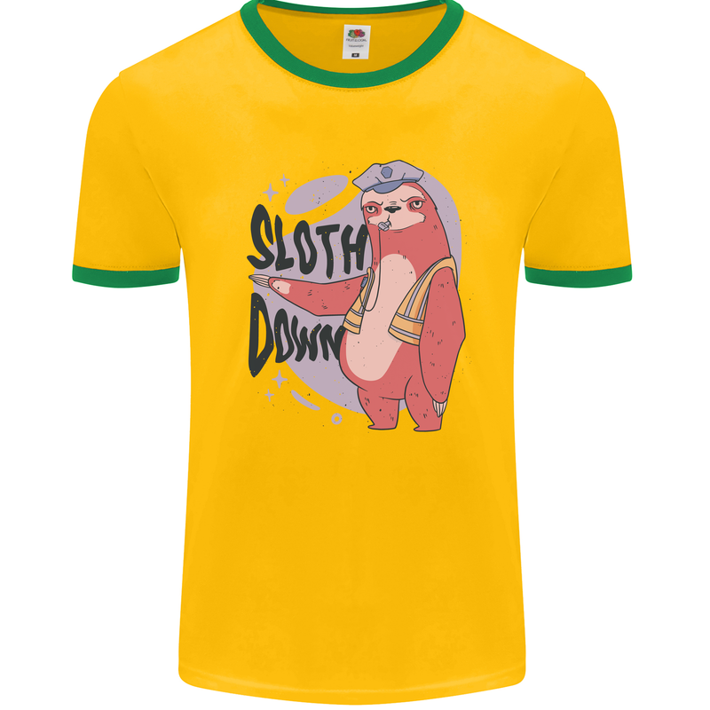Sloth Down Policeman Funny Mens White Ringer T-Shirt Gold/Green