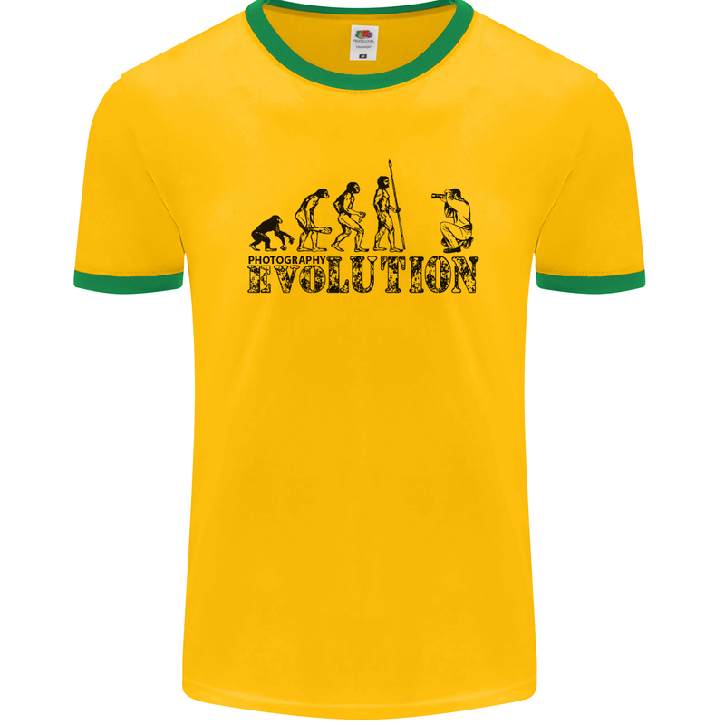 Evolution Photographer Funny Photoraphy Mens Ringer T-Shirt FotL Gold/Green