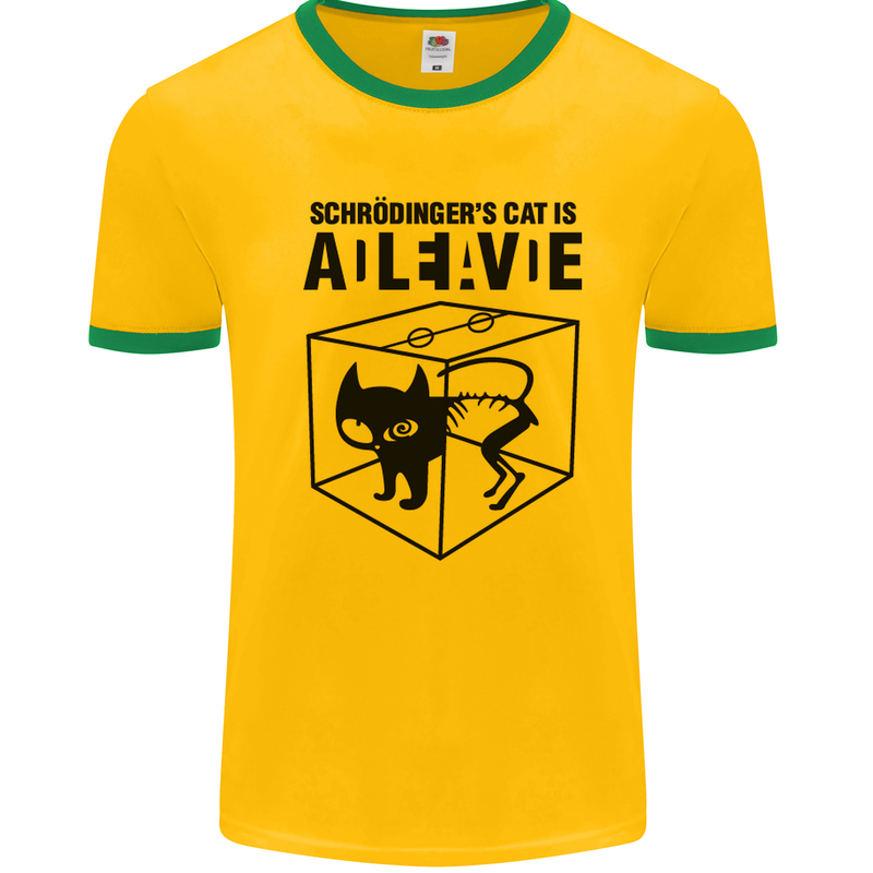 Schrodinger's Cat Science Geek Nerd Mens White Ringer T-Shirt Gold/Green