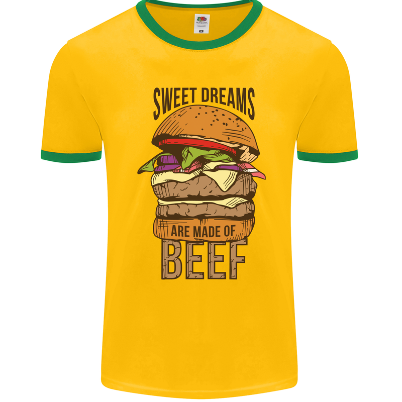 Food Sweet Dreams Beef Funny Chef BBQ Cook Mens Ringer T-Shirt FotL Gold/Green