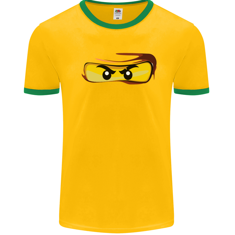 Ninja Eyes Mens White Ringer T-Shirt Gold/Green