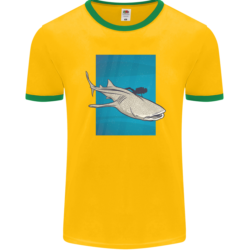 A Whale Shark and Scuba Diver Mens Ringer T-Shirt FotL Gold/Green