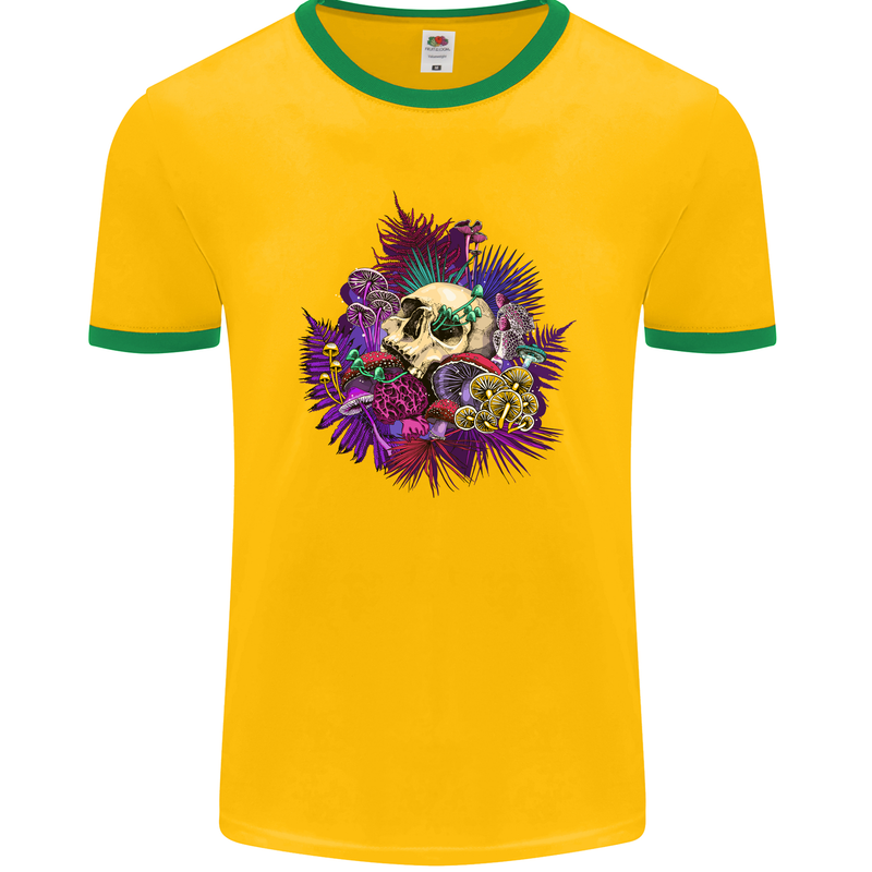 Magic Mushroom Skull LSD Hallucinogenic Mens Ringer T-Shirt FotL Gold/Green