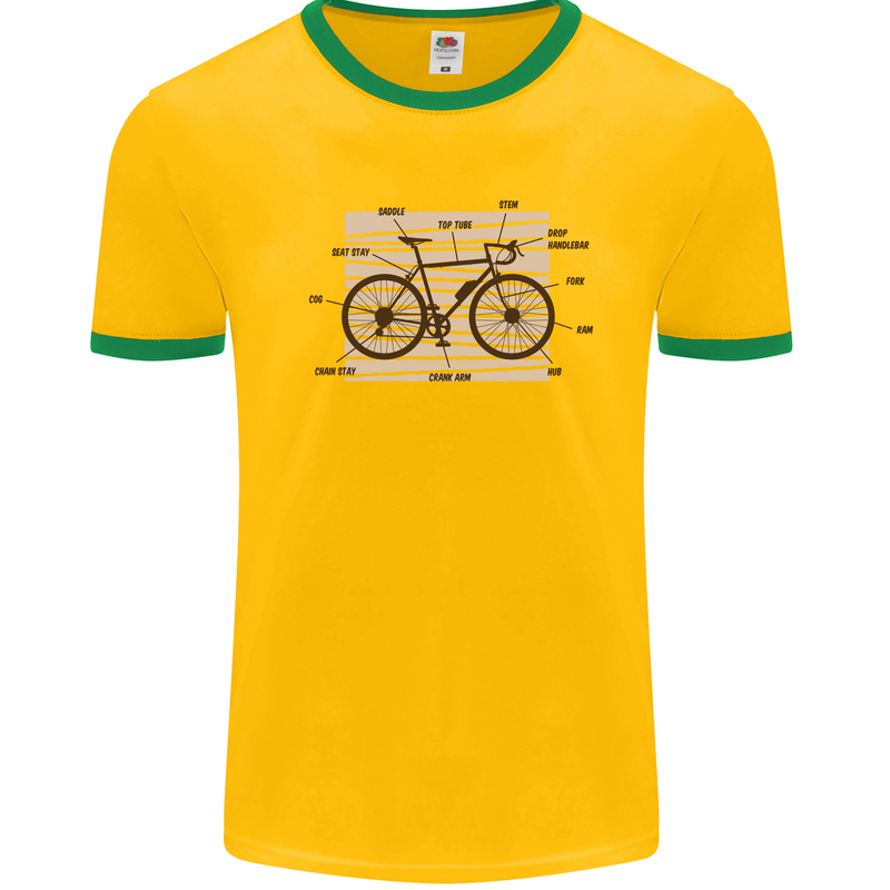 Bicycle Anatomy Funny Cycling Cyclist Funny Mens White Ringer T-Shirt Gold/Green