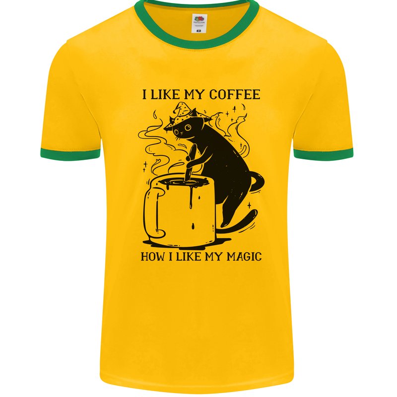 Black Cat Halloween Funny Coffee Mens White Ringer T-Shirt Gold/Green