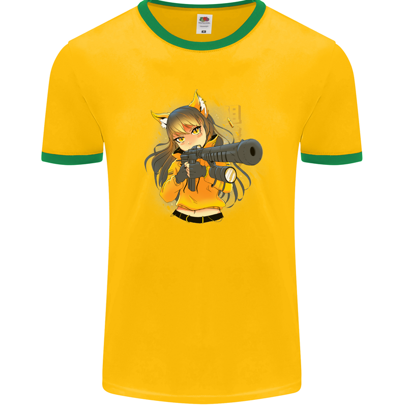 Anime Gun Girl Mens Ringer T-Shirt FotL Gold/Green