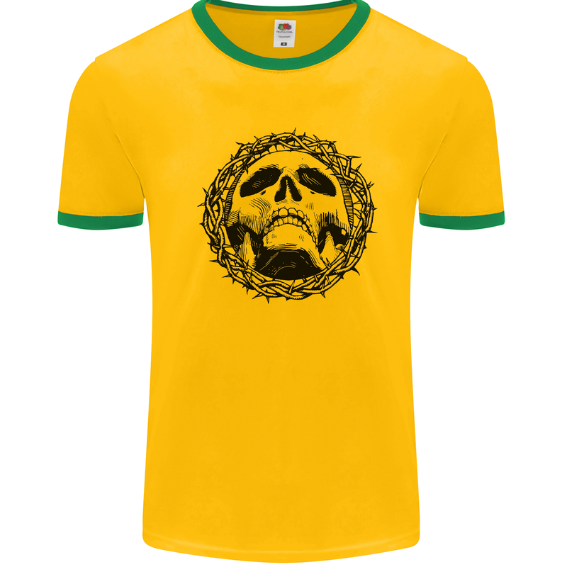 A Skull in Thorns Gothic Christ Jesus Mens White Ringer T-Shirt Gold/Green