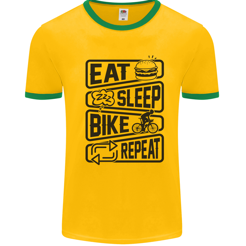 Cycling Eat Sleep Bike Repeat Funny Bicycle Mens White Ringer T-Shirt Gold/Green