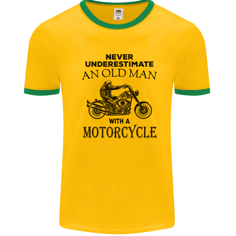 Old Man With a Motorcyle Biker Motorcycle Mens White Ringer T-Shirt Gold/Green