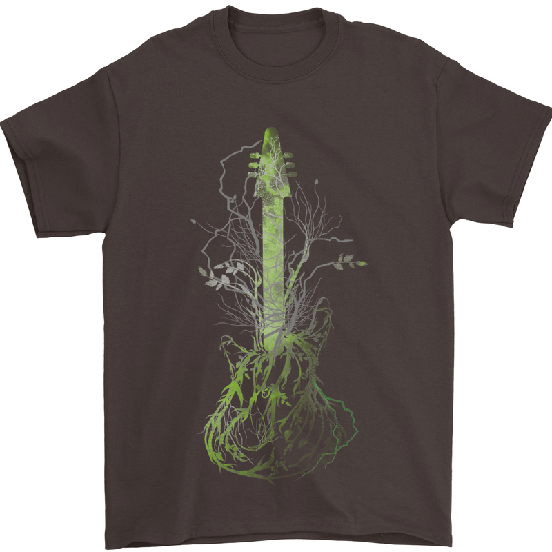 Green Guitar Tree Guitarist Acoustic Mens T-Shirt Cotton Gildan Dark Chocolate