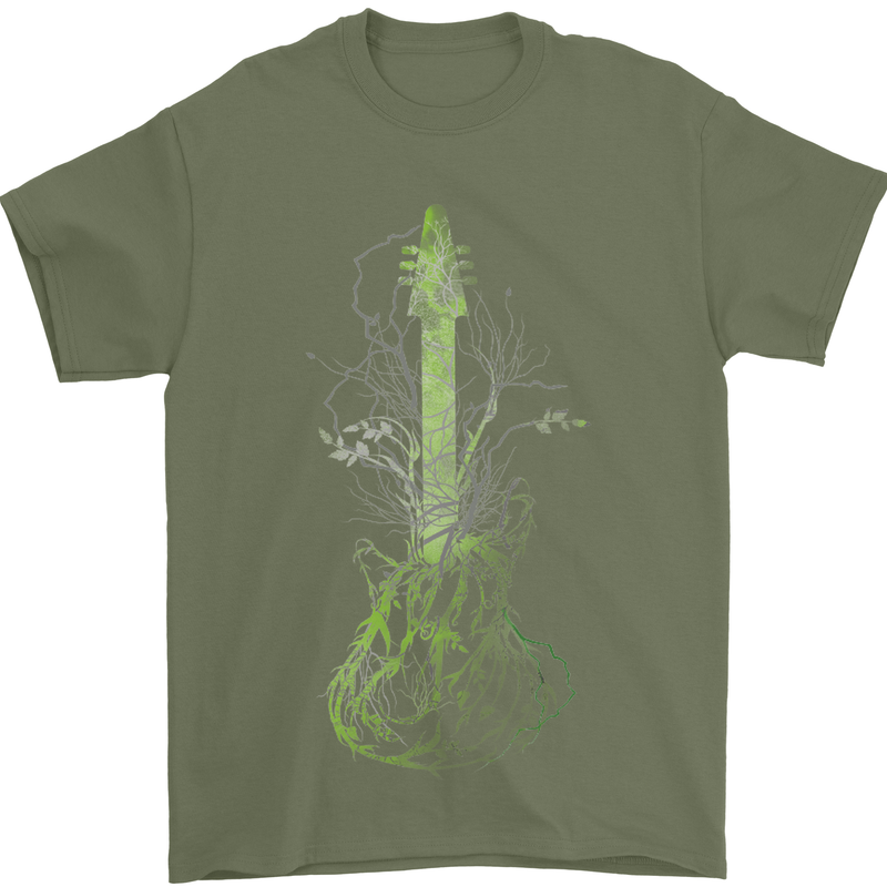 Green Guitar Tree Guitarist Acoustic Mens T-Shirt Cotton Gildan Military Green