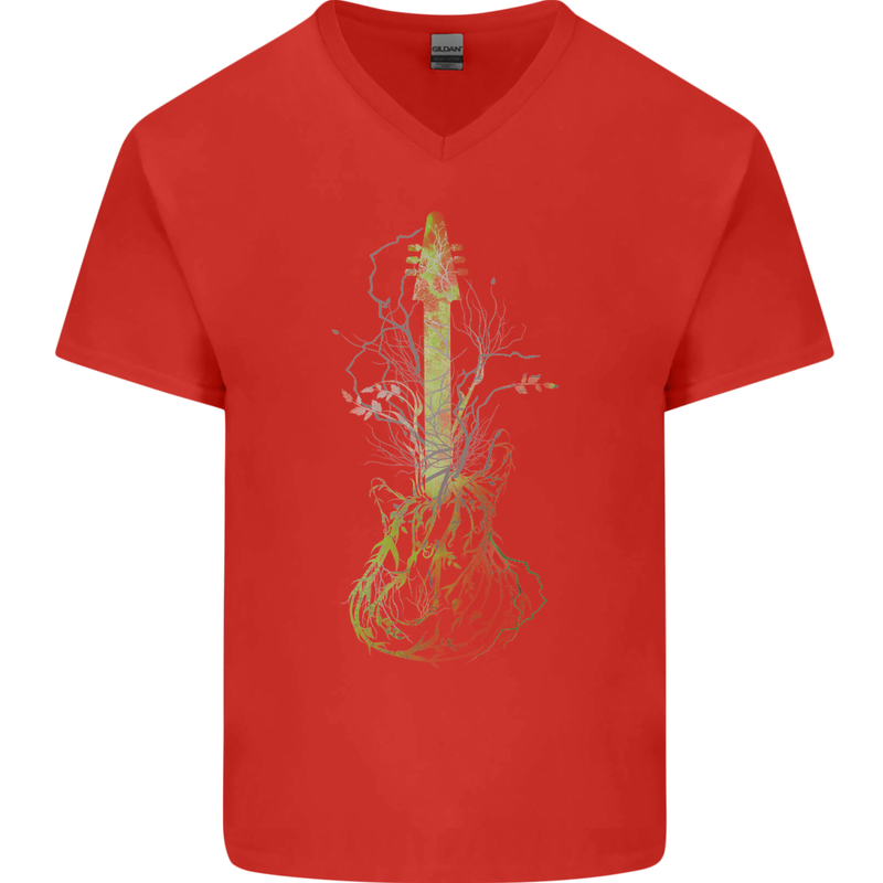 Green Guitar Tree Guitarist Acoustic Mens V-Neck Cotton T-Shirt Red