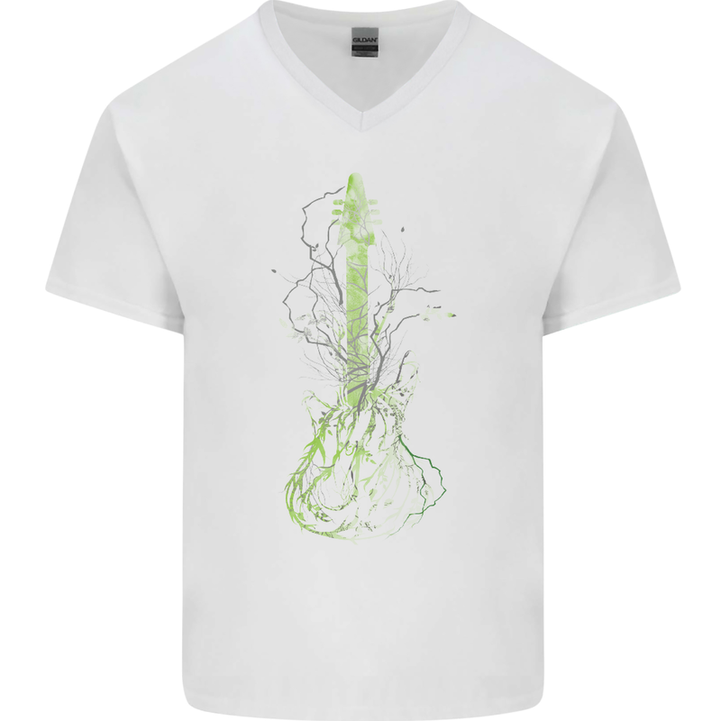 Green Guitar Tree Guitarist Acoustic Mens V-Neck Cotton T-Shirt White