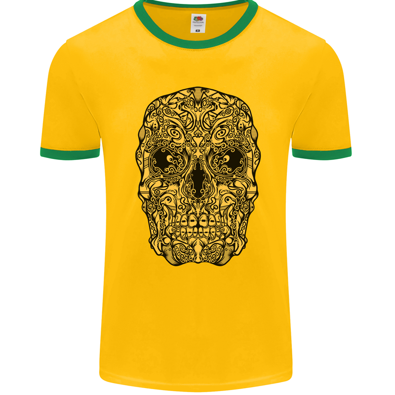 Ethnic Skull Gothic Tribal Demon Mens Ringer T-Shirt FotL Gold/Green