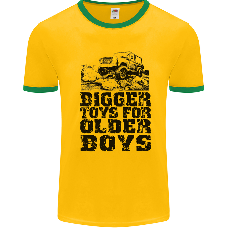 Bigger Toys Older Boys Off Roading Road 4x4 Mens White Ringer T-Shirt Gold/Green