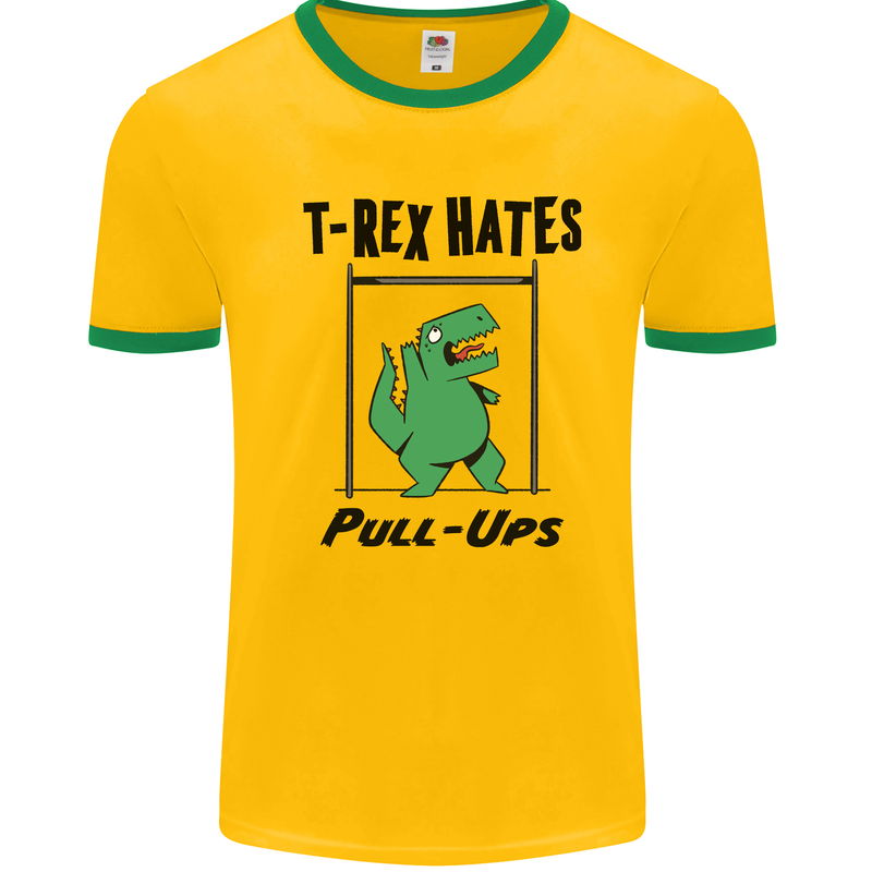 T-Rex Hates Pull Ups Funny Gym Dinosaurs Mens White Ringer T-Shirt Gold/Green