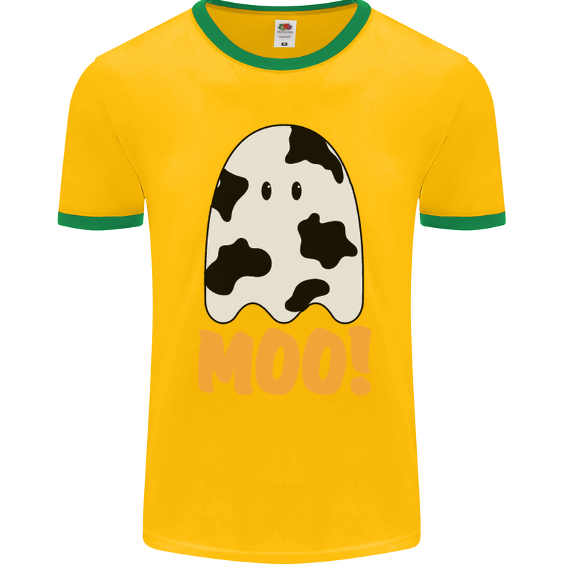 Moo Funny Cow Ghost Halloween Spooky Mens Ringer T-Shirt FotL Gold/Green