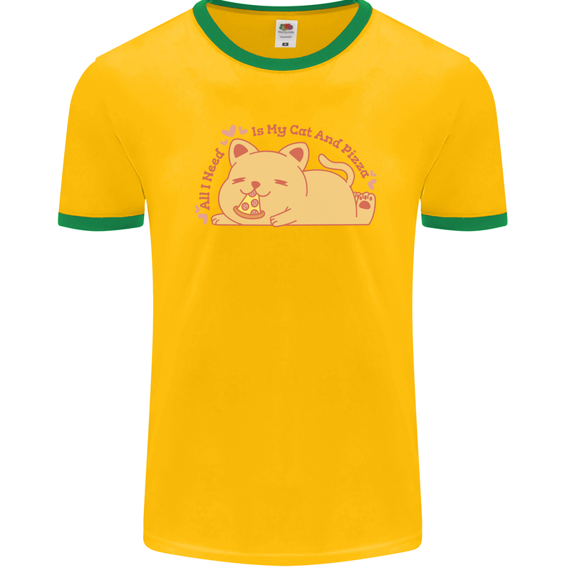 Cat and Pizza Funny Antisocial Mens Ringer T-Shirt FotL Gold/Green